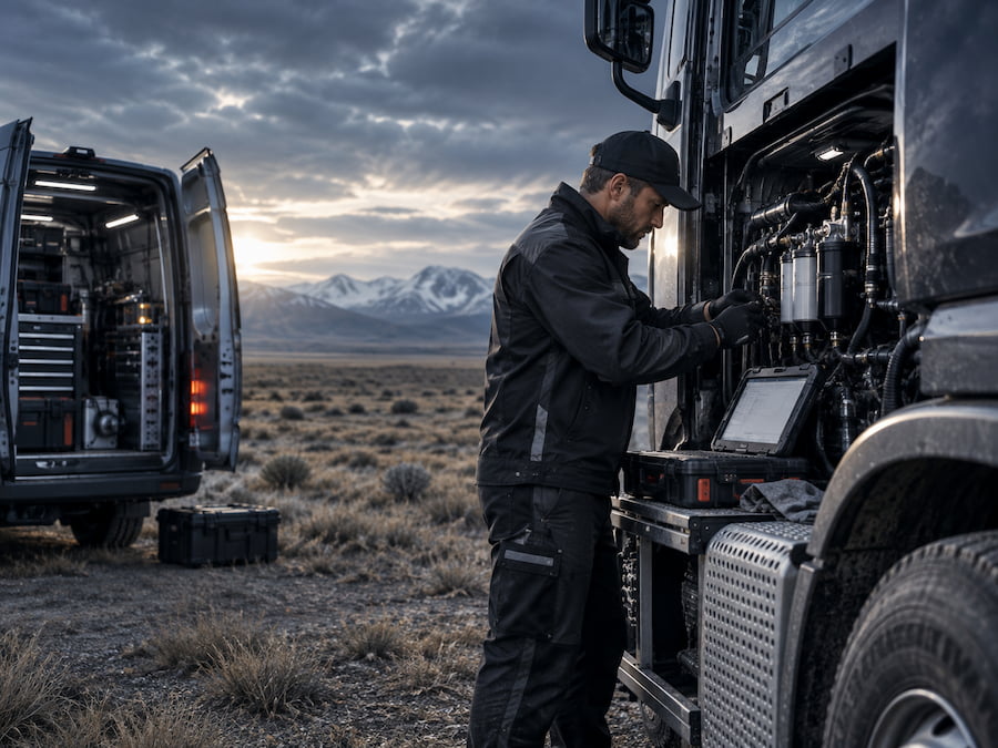 Выездной мастер Diesel Bro ремонтирует топливную аппаратуру грузовика в полевых условиях